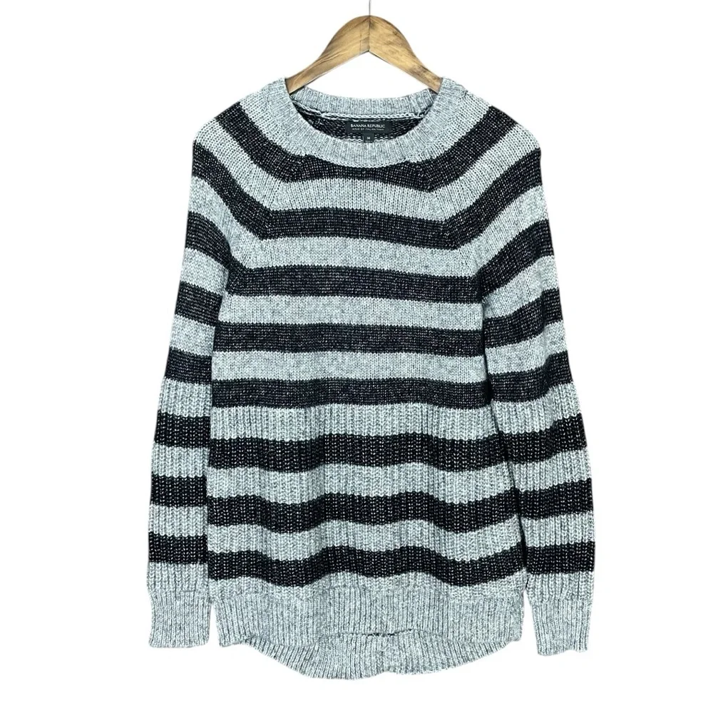 Banana Republic | Crew Neck Stripe Wool Blend Sweater Braided Cable‎ Knit Chunky